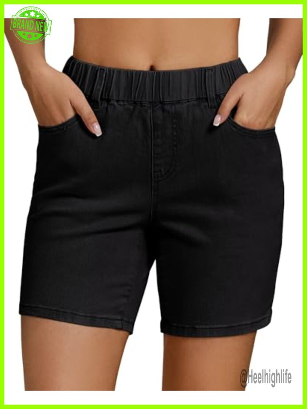Pull On Elastic Waist Mid Rise Stretch Denim Jean Shorts 7 Inch Inseam